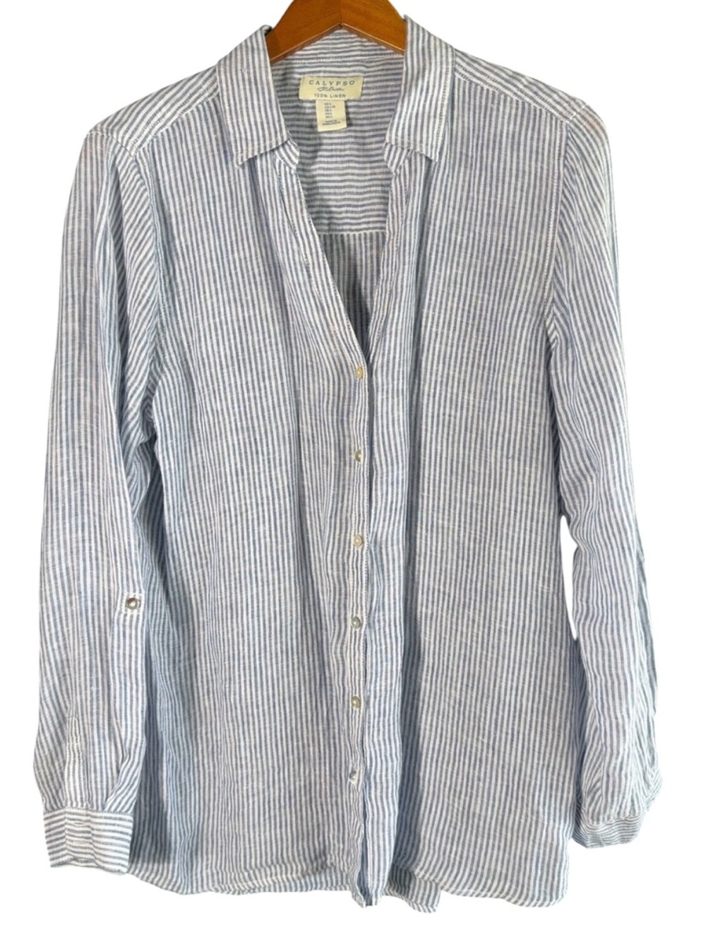 Calypso St. Barth Linen Button Down Shirt Blue White Stripe Large - Picture 2 of 6
